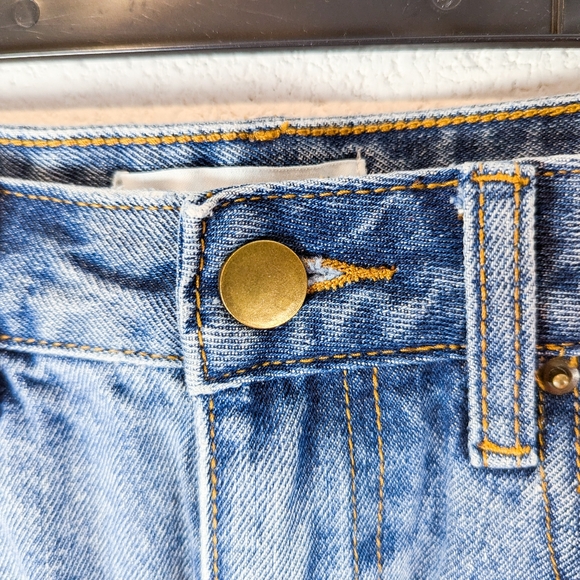 S/M Oak + Fort Mini Denim Skirt Raw Hem Statement Pockets Light Wash Cotton Jean - Picture 4 of 7